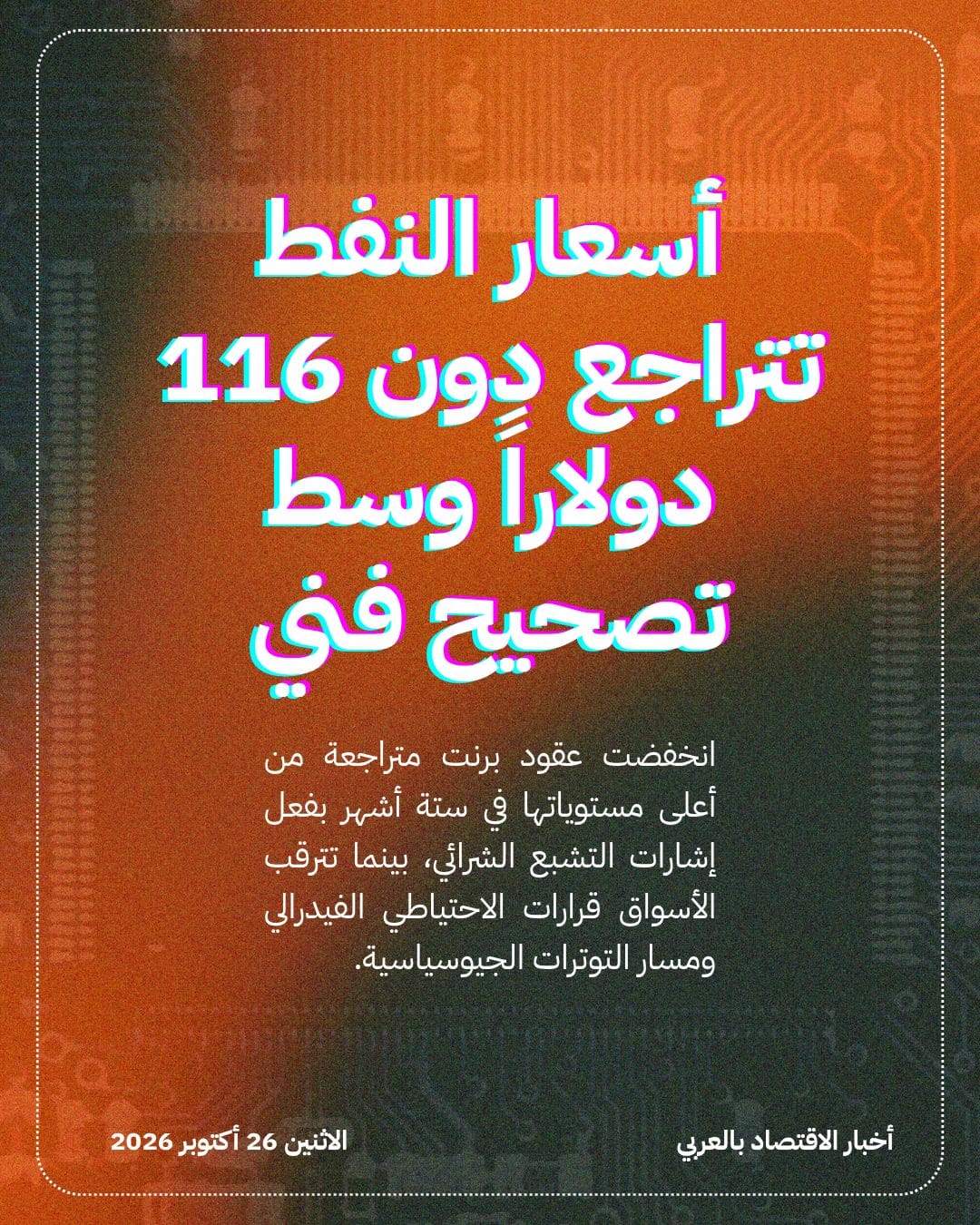 أسعار النفط تتراجع دون 116 دولاراً وسط تصحيح فني
